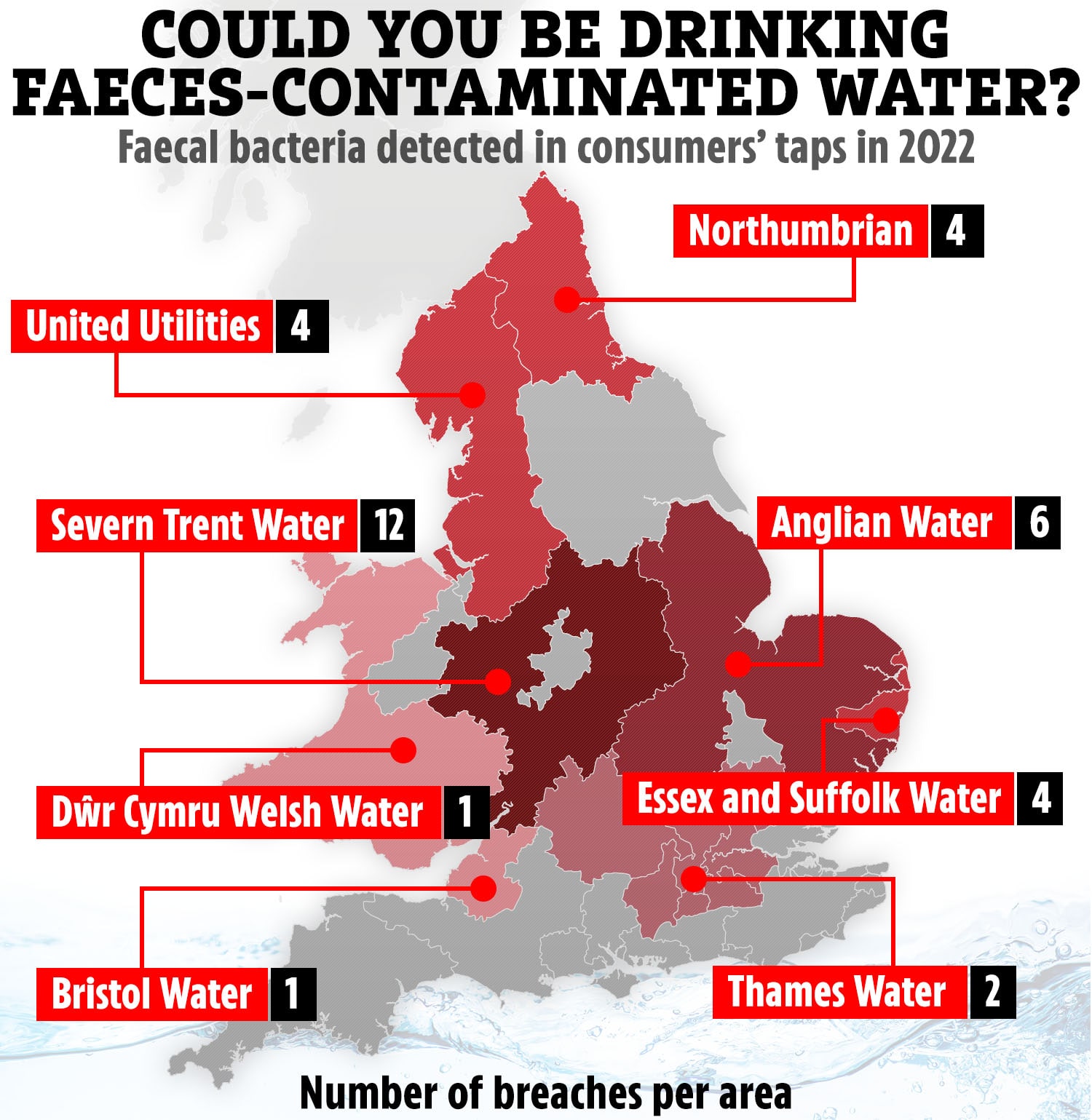 Map reveals all the areas E.coli or Enterococci was found in tap water