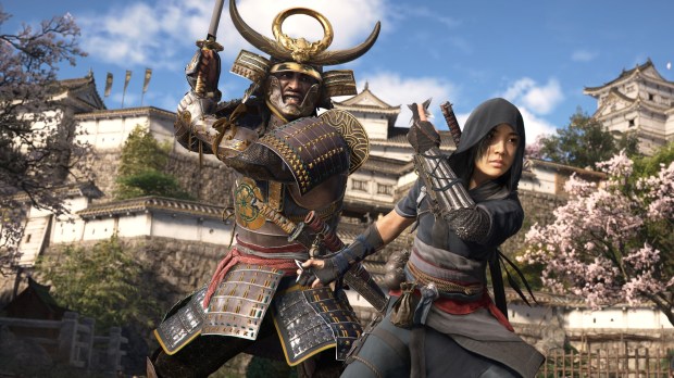 a samurai and a ninja are standing next to each other in front of a castle