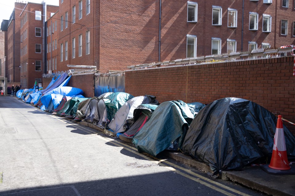 The camp stretches around the block