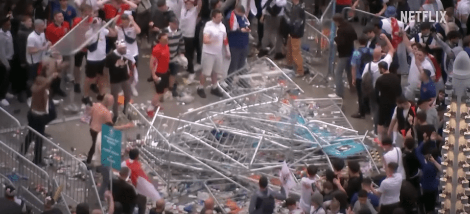 Metal gates were piled up by irate, drunk and drugged up fans