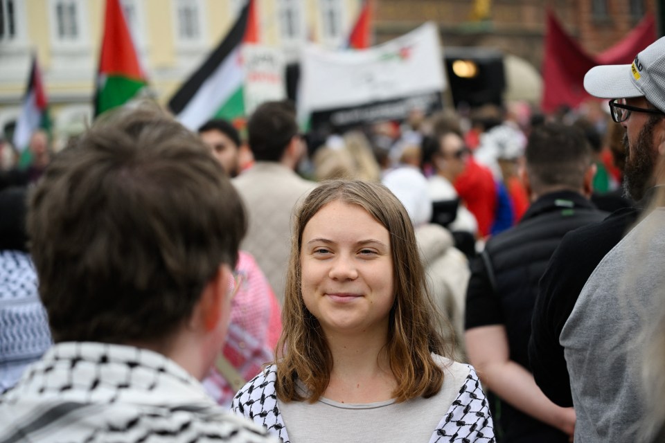 Climate activist Thunberg attended the pro-Palestine protest wrapped in a keffiyeh, the traditional scarf that has become a symbol for Palestinian resistance