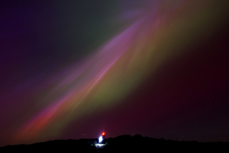 The aurora borealis is seen as green and purple ribbons of light