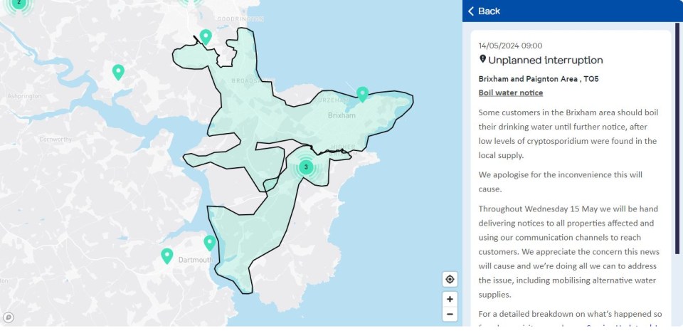 South West Water issued this map for where the boil water notice has been released