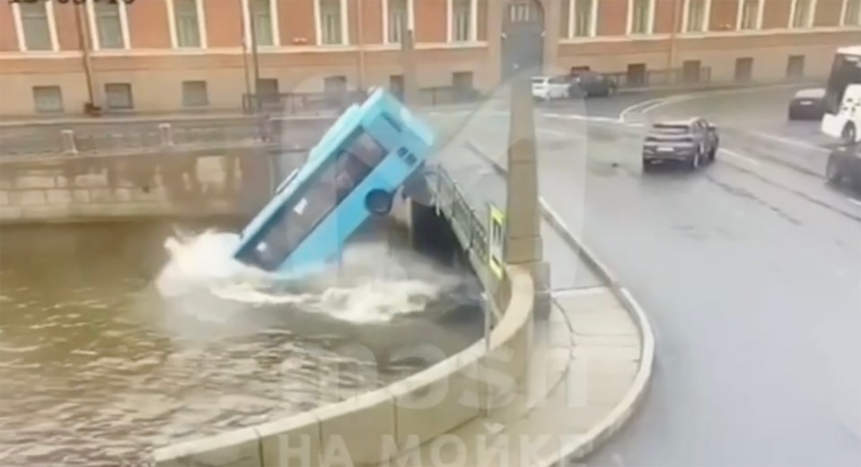 Footage shows the out-of-control vehicle plunging into the Moika river