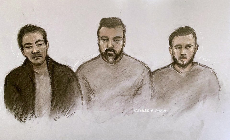 Left to right: Chung Biu Yuen, Chi Leung Wai, and Matthew Trickett, appearing at Westminster Magistrates’ Court earlier today