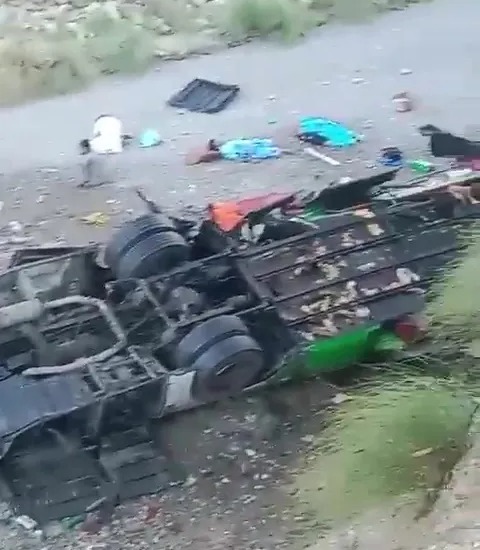 Footage showed the bus overturned at the bottom of the ravine