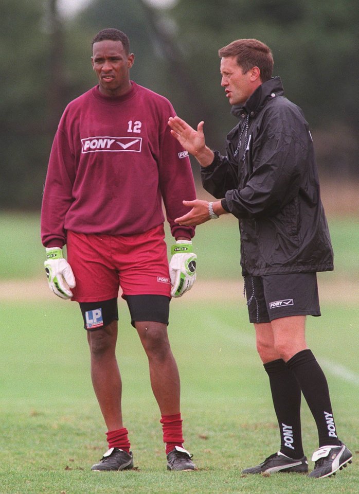 Sealey, pictured with Shaka Hislop, was still coaching at West Ham when he died