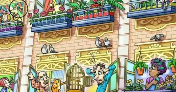 Cartoon of an apartment building with people and animals on balconies.