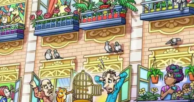 A cartoon illustration of an apartment building with residents on their balconies, a man panicking as a bird escapes its cage.