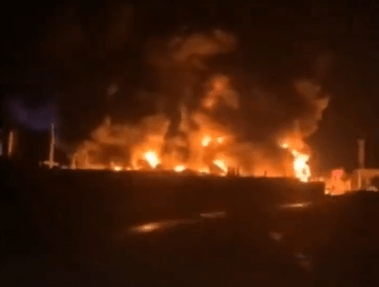 Flames rage following a drone strike on an oil refinery in Russia's Kaluga Oblast