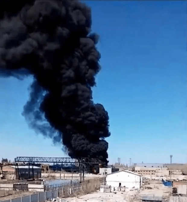 Smoke rises from a Russian oil refinery following a suspected Ukrainian drone strike