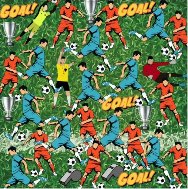 Busy pattern of soccer players, referee, and trophies on a green field.