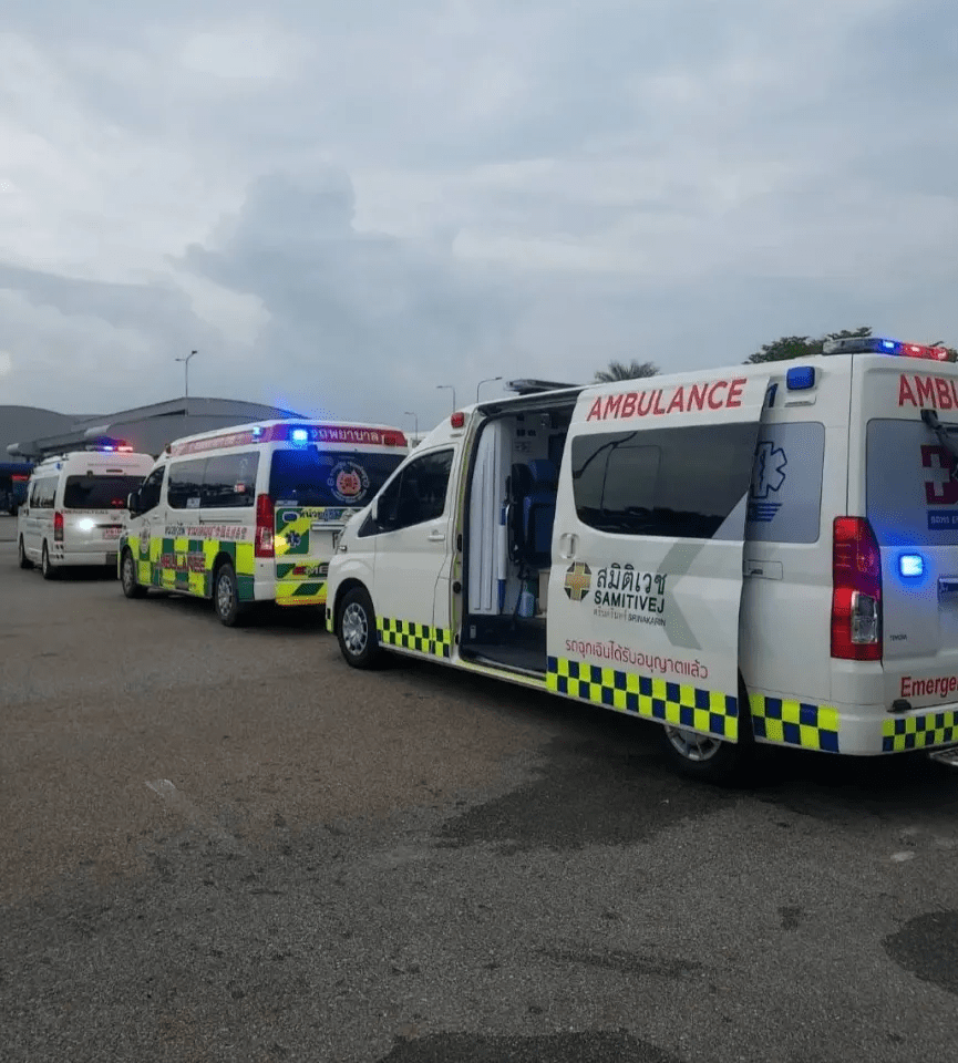 Emergency services prepare for the arrival of the plane in Bangkok