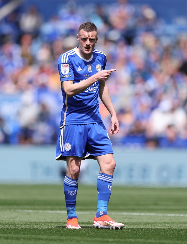 Jamie Vardy is celebrating after firing Leicester back to the Premier League