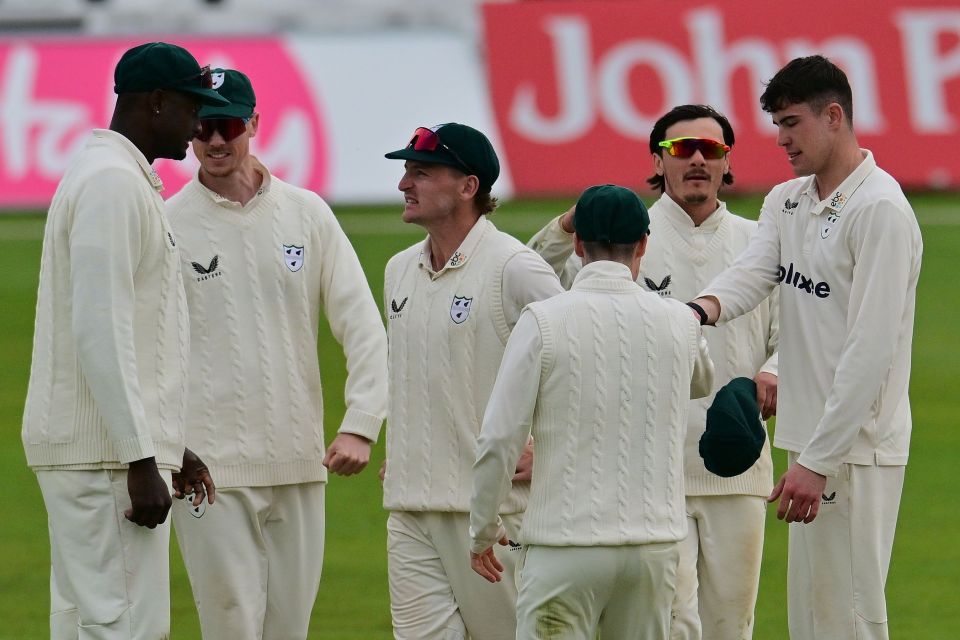 Josh (far right) celebrates after taking a wicket during a County Championship One match against Nottinghamshire last month