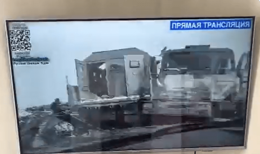 The Victory Day broadcast was interrupted with pictures of wrecked Russian military equipment including tanks