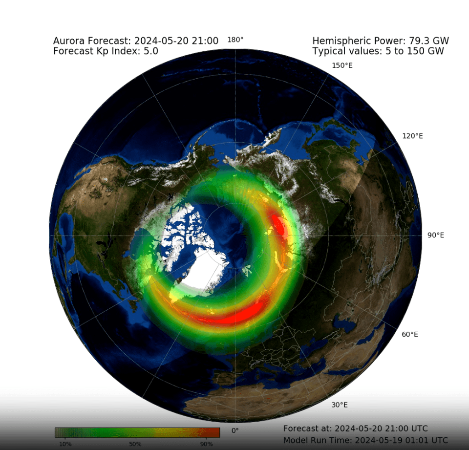 A map showing where the Northern Lights could be seen tonight