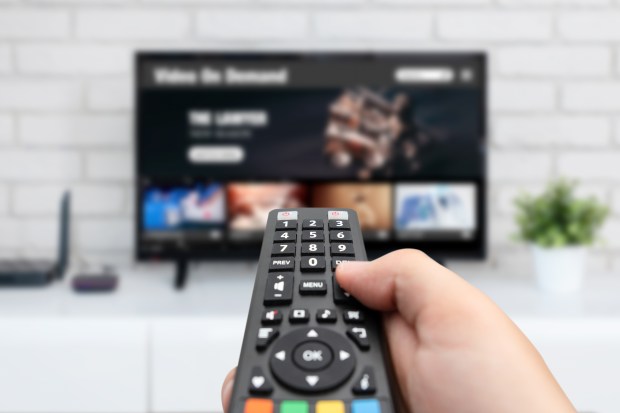 a person is holding a remote control in front of a television