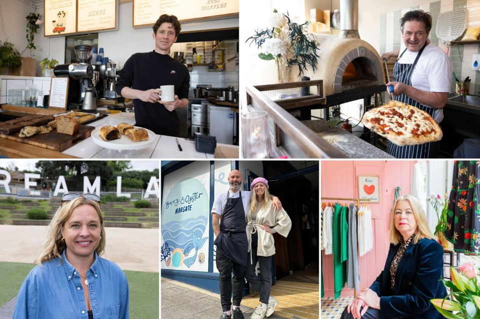 Clockwise from top left: coffee shop owner Simon Hutchison, bar owner Paul Stephens, shop owner Madeleine James, Seafood restaurant owners Nadine and Simon Morriss, and theme park CEO Eddie Kemsley have shared their Margate tips.