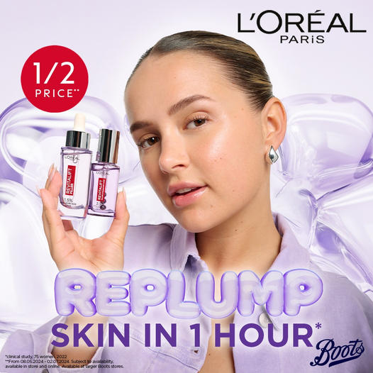 an advertisement for l' oreal paris replump skin in 1 hour