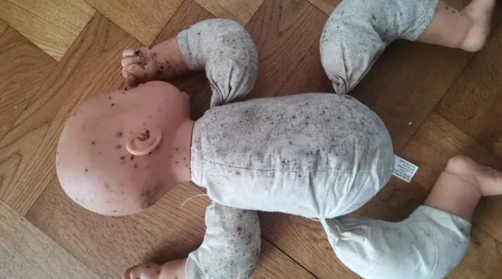 One of her daughter’s dolls is pictured covered in the mould