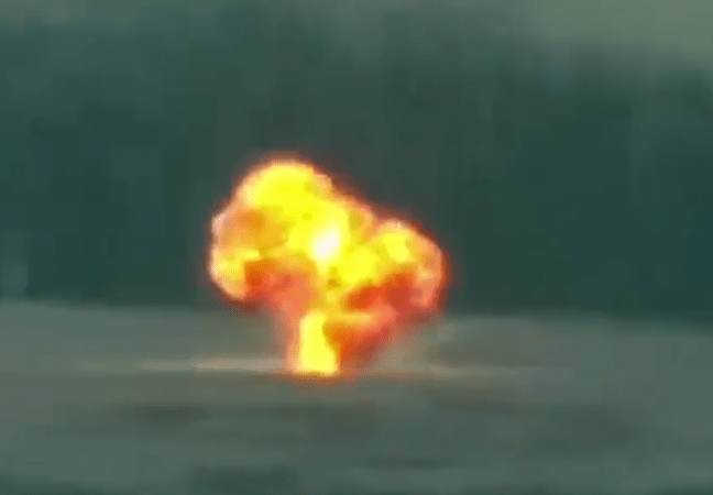 The moment a huge fireball erupted after the kamikaze drone struck the can of fuel and made an almighty explosion