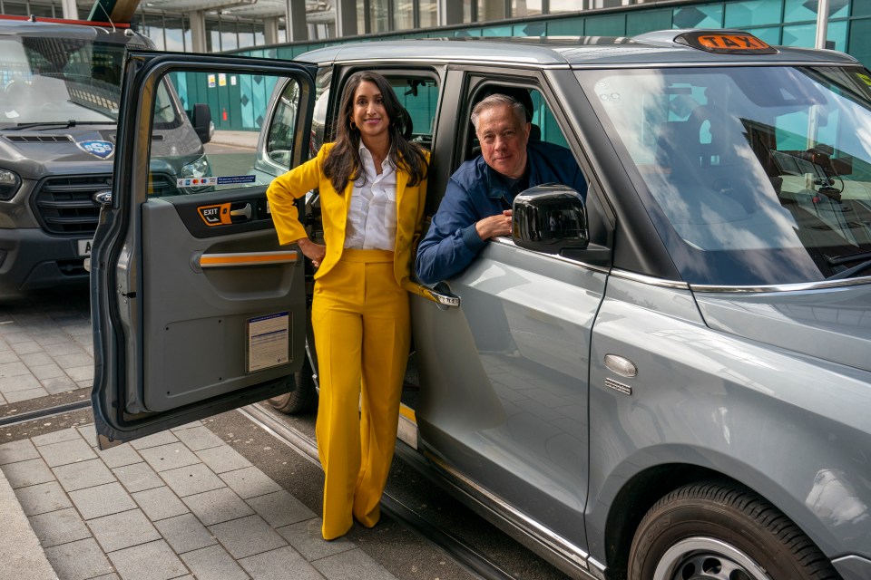 Grant Davis in his black cab, and Energy Secretary Claire Coutinho