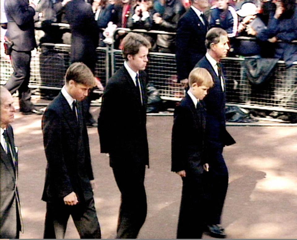 Prince Philip, Prince William, Earl Spencer, Prince Harry and Prince Charles following the coffin of Diana, Princess of Wales to Westminster Abbey on 6 September