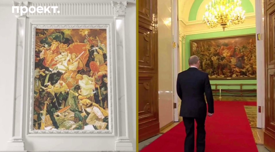 Part of the new interior at the renovated Gelendzhik Palace (left) copies Kremlin’s interior, seen during Vladimir Putin’s 2018 inauguration (right)