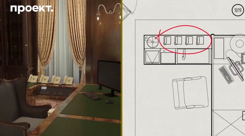 Picture on the left shows Putin’s desk at the Gelendzhik Palace, which copies his Kremlin desk - shown on scheme on the right