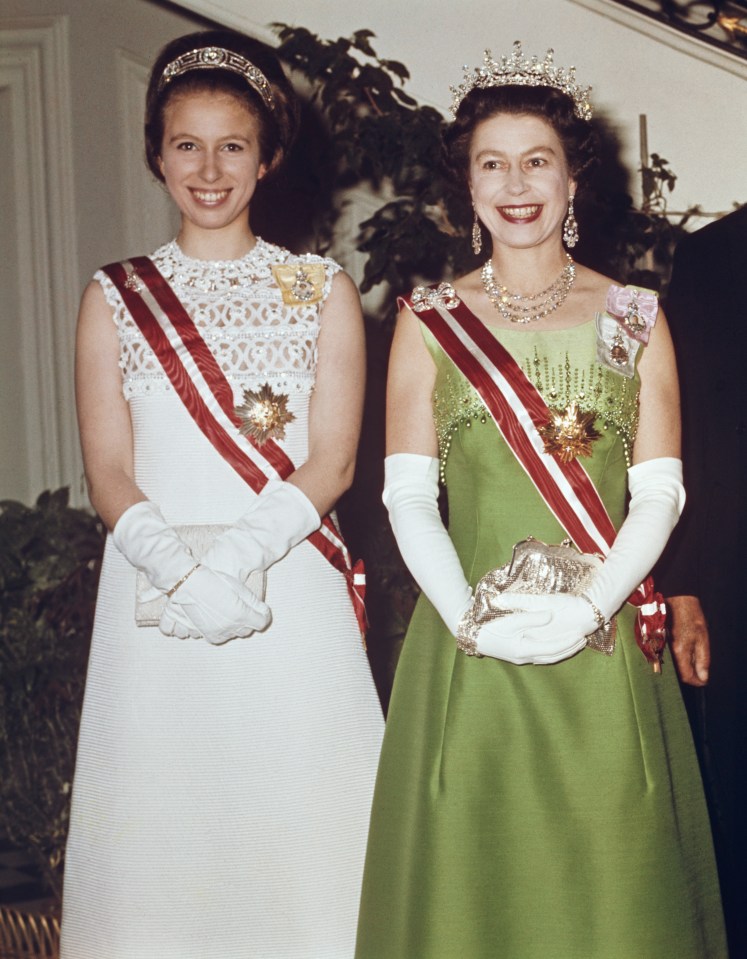 Princess Anne wearing the Princess Andrew's Meander Tiara, alongside her mother, the late Queen