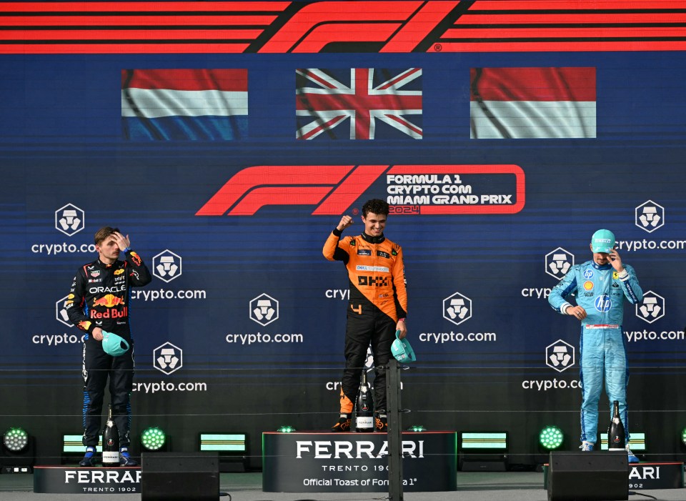 Norris sits on top of the podium, as Verstappen takes second and Charles Leclerc has to settle for third