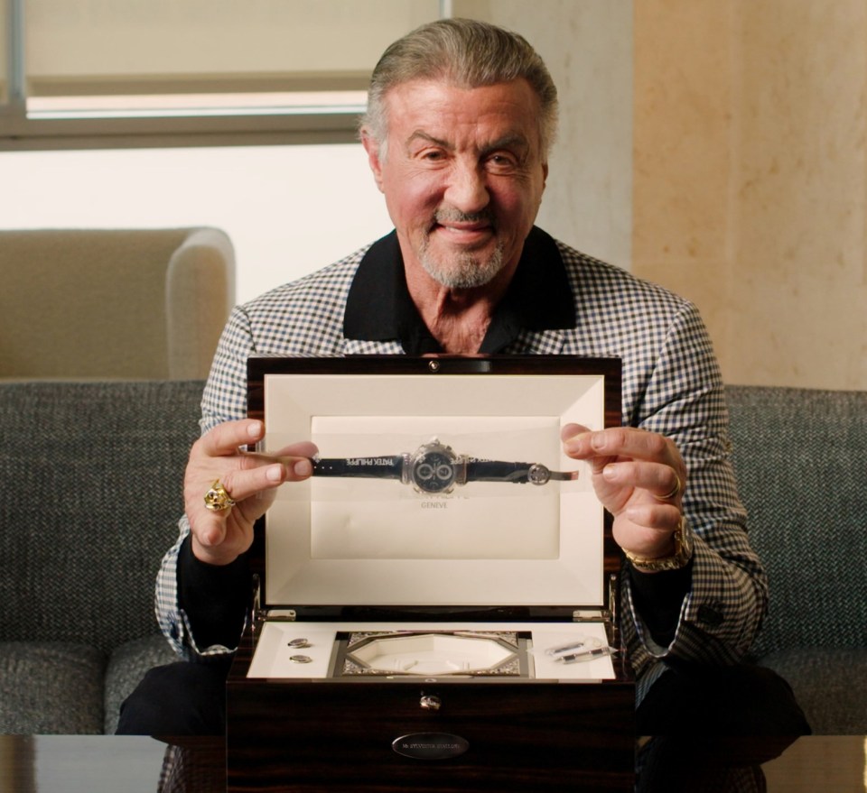 Stallone, seen here with the Patek Philippe Grandmaster Chime, says it is “bittersweet” the watches are being sold