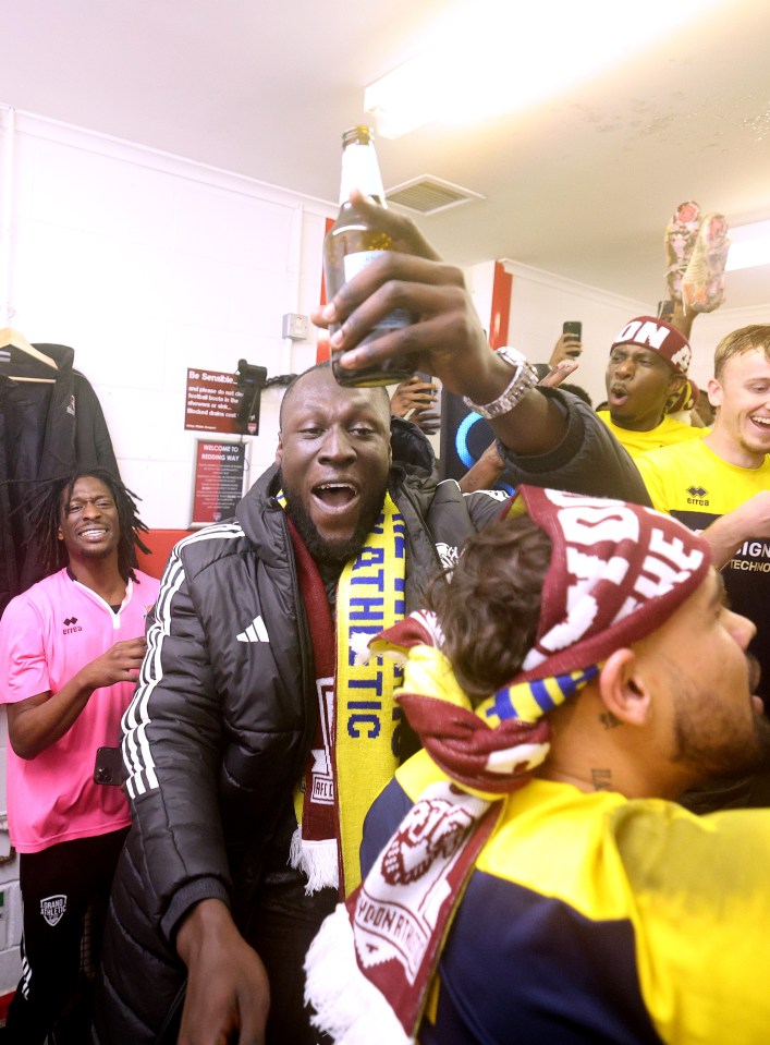 Rapper and co owner of AFC Croydon Athletic, Stormzy, celebrates promotion to the eighth tier of English football