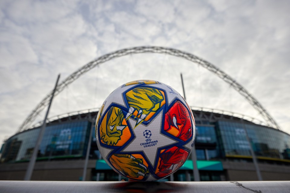 LONDON, ENGLAND - NOVEMBER 29: The official adidas Champions League ball is seen under the arch at Wembley Stadium on November 29, 2023 in London, England. (Photo by Karl Bridgeman - UEFA/UEFA via Getty Images)