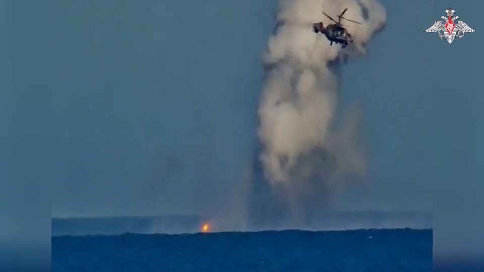 A Russian Kamov Ka-27 helicopter strikes a Ukrainian drone believed to be carrying ‘Archer’ heat-seeking missiles