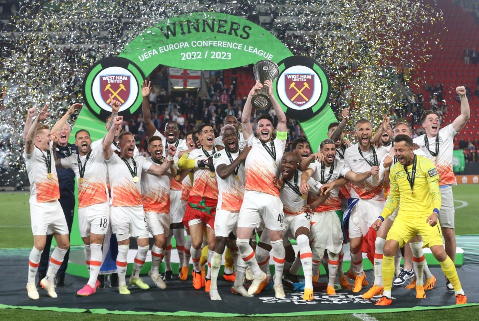 West Ham’s then-skipper Declan Rice lifts trophy last June