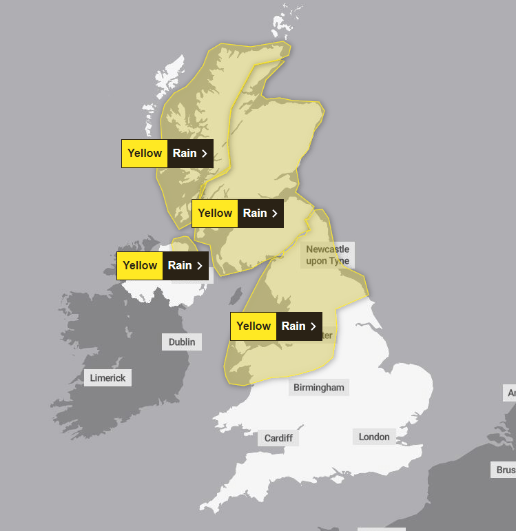 A map shows the four yellow rain warnings in place today