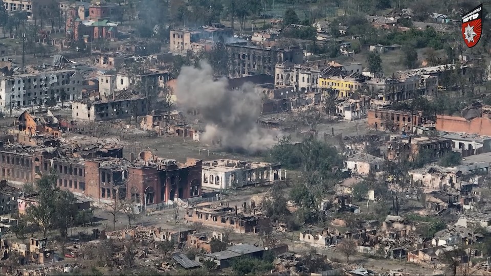 A drone view shows damaged property in Vovchansk, Kharkiv