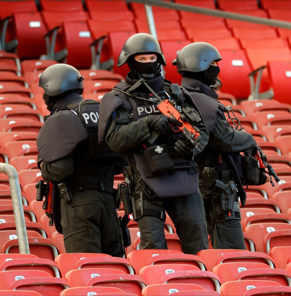 German cops take part in an operational drill to prepare for the Euros at a football stadium in May