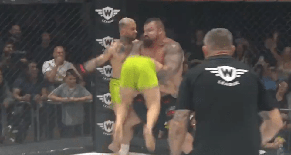 Eddie Hall 'powerbombed' his opponent during his 2v1 fight against the Neffati brothers