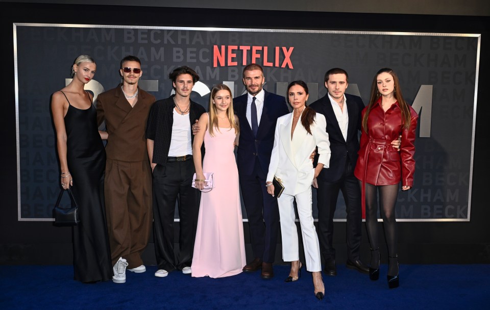 Mia Regan, Romeo, Cruz, Harper, David, Victoria, Brooklyn and Nicola Peltz Beckham attend the Netflix 'Beckham' UK Premiere