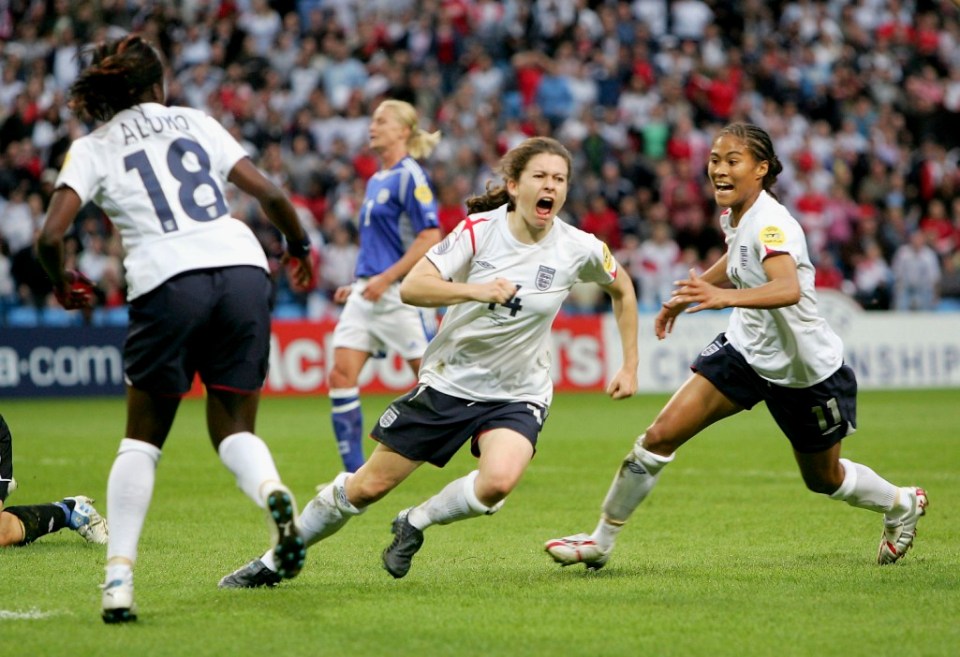 Karen Carney celebrates scoring the winning goal against Finland during the Women's UEFA European Championship 2005