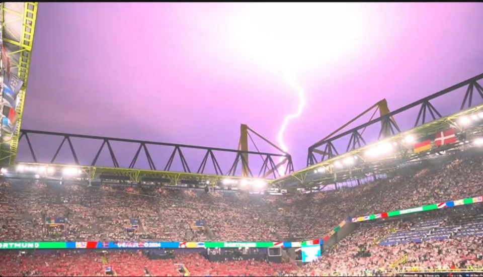 Lightning flashed above the stadium in Dortmund