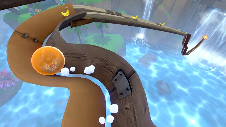 A monkey in a ball on a suspended track in Super Monkey Ball