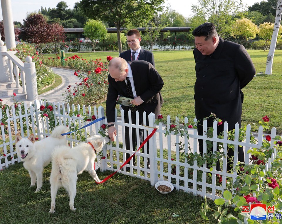 three men are standing in front of a white picket fence