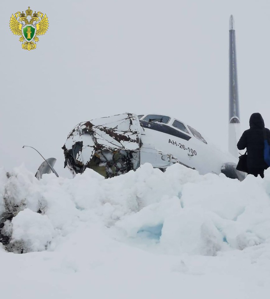 The nose of the plane was completely crumpled after it smashed into a snowfield