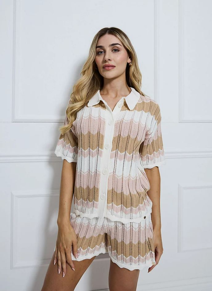 The Billie Faiers Cream Striped Scallop Knitted Shirt costs £24 and comes in sizes XS to XL