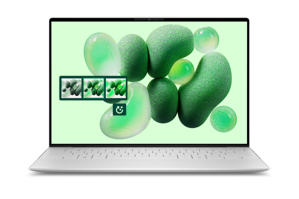 Dell AI-powered laptop displaying abstract green shapes.