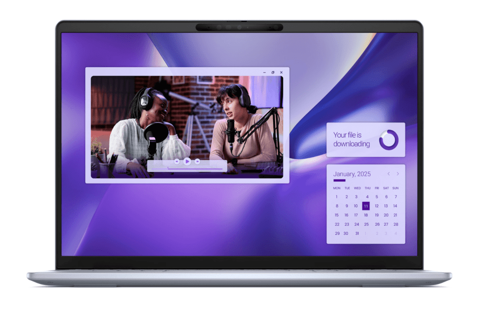 Dell AI-powered laptop displaying a video and downloading file.